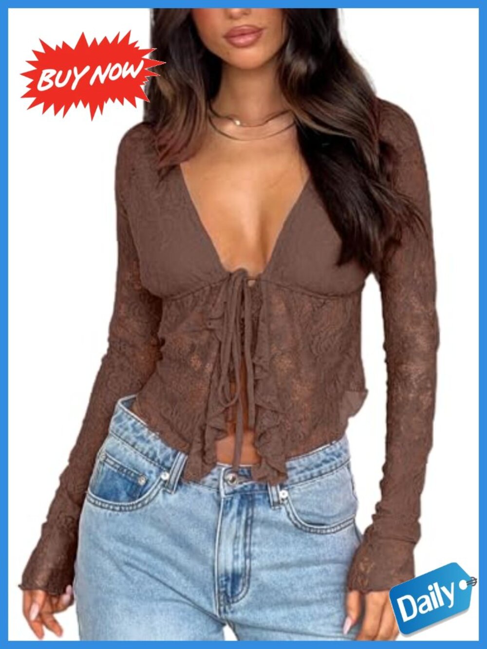 Women's Sheer Mesh Lace Crop Top Long Sleeve Tie Front Ruffle Blouse